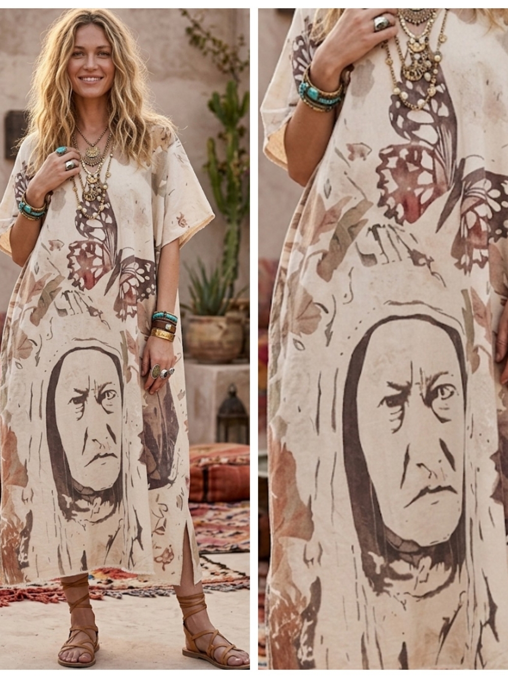 Boho Cream Printed Maxi Dress with Native Art Motif Buttefly & Flowers